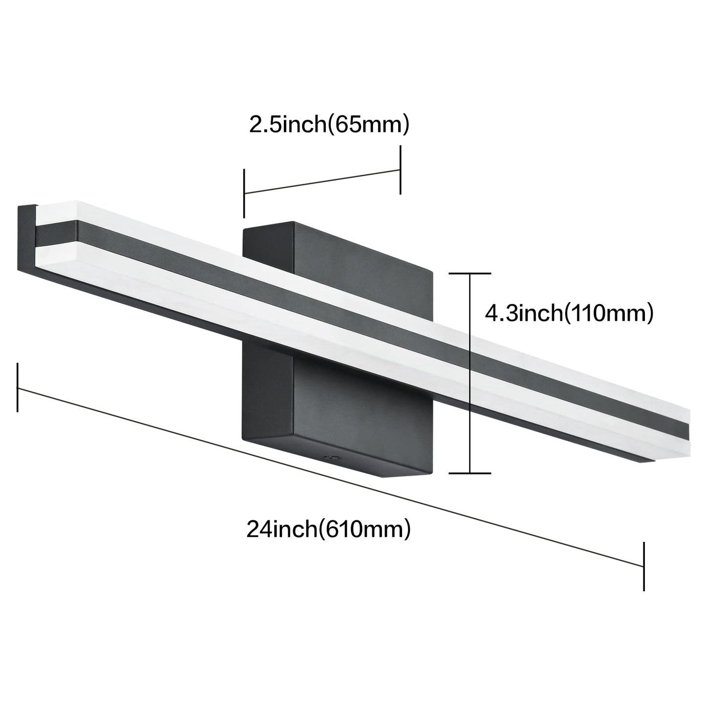Solfart 24 Inch Modern Dimmable Black Vanity Light, 5 Color Temp, Aluminum, Model S8200-610Mm-Bk-5Cct, 500 Lumen, Wall