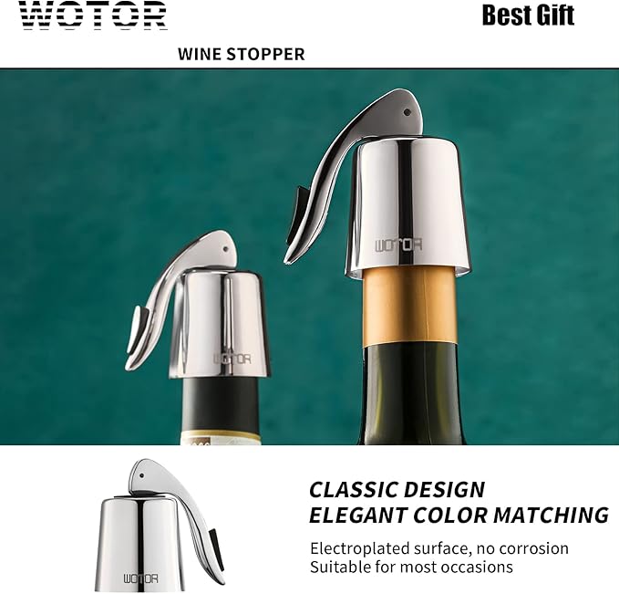WOTOR Wine Stoppers Stainless Steel Wine Bottle stopper Plug with Silicone Reusable Wine Saver Leak proof Keep Fresh Silver 6 pack