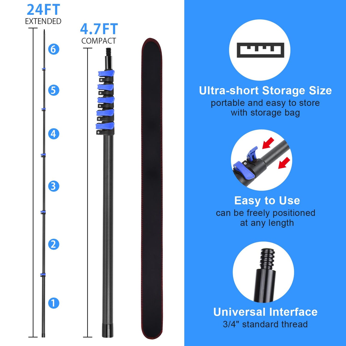 Carbon Fiber Extension Pole 4.7-24FT Telescoping Paint Roller Extendable Pole Lightweight Sturdy Extension Poles with Universal Threaded Head Multi-Use Pole