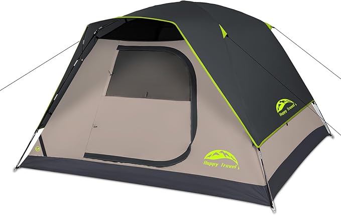 Happy Travel Camping Tent, 4 Person Dome Tents for Camping with Rainfly, Waterproof Clip Easy Setup Portable Family Tent with Mesh Windows, 20% More Headroom Backpacking Tents for Camping & Hiking