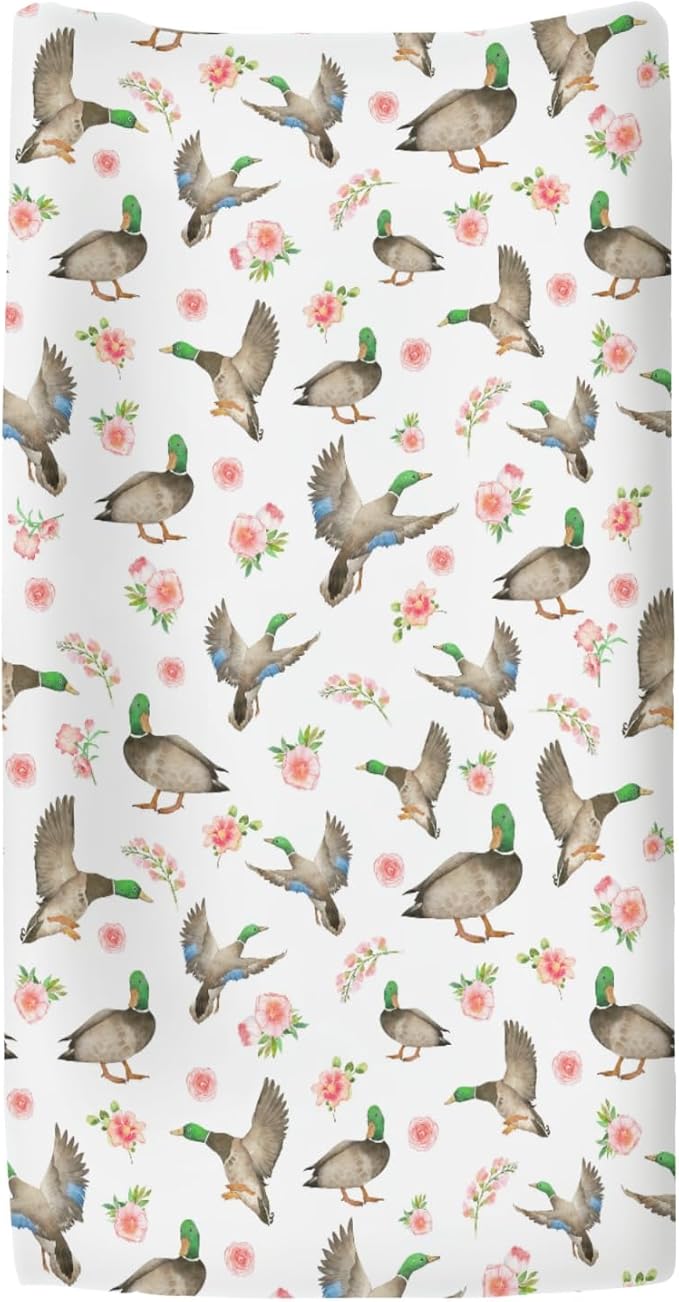 Mallard Ducks Boho Floral Changing Pad Covers for Baby Girl Boy Green Duck Spring Fitted Change Table Cover Mats Wild Duck Hunting Soft Diaper Changing Table Sheets 32''×16''