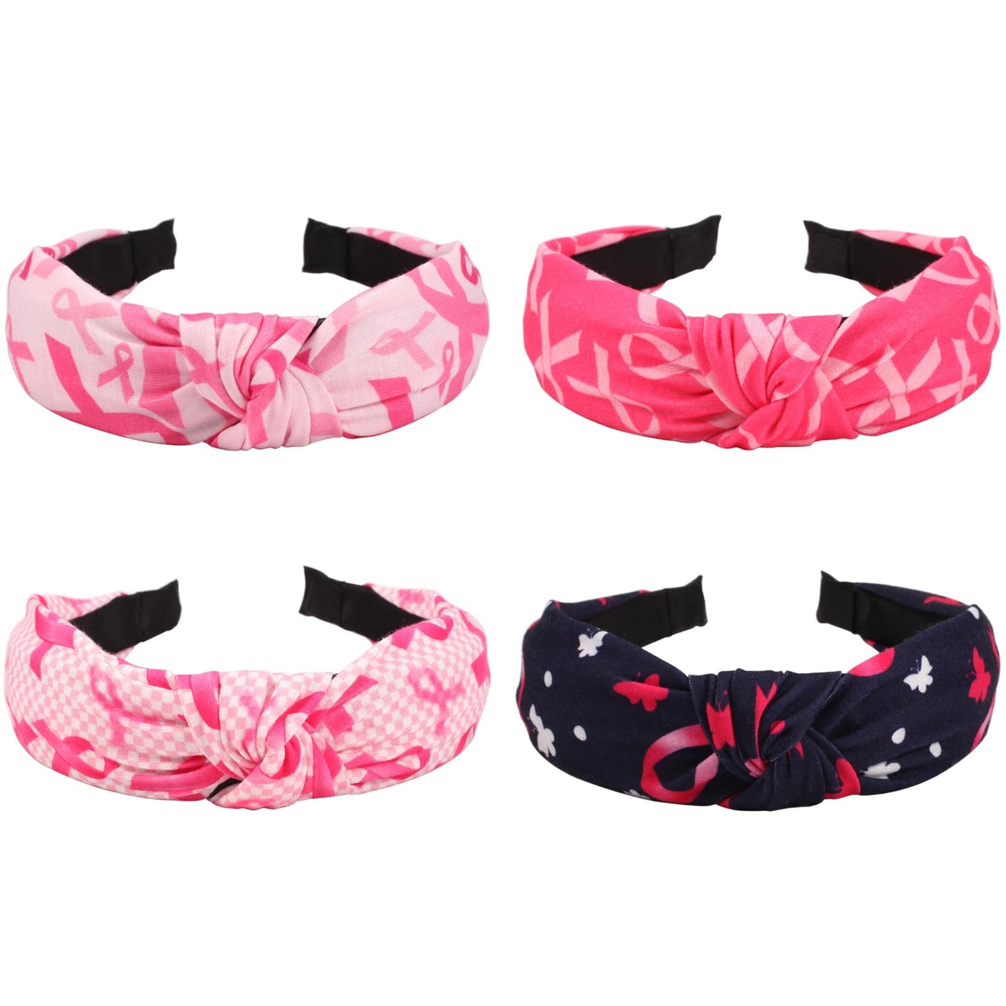 Ardorchid 4 PCS Breast Cancer Headbands Pink Ribbon Wide Knotted Hair Hoop for Women Workout Sports Yoga Running Tennis Breast C