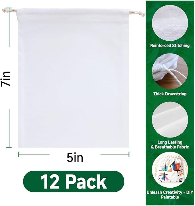 Simple&Opulence 12-Pack 5” x 7” Linen Cotton Drawstring Bags Reusable Grocery Sacks, DIY Craft Sachet Sacks Storage Cloth Bags for Party Wedding Home Bulk Produce Bags, Washable, White