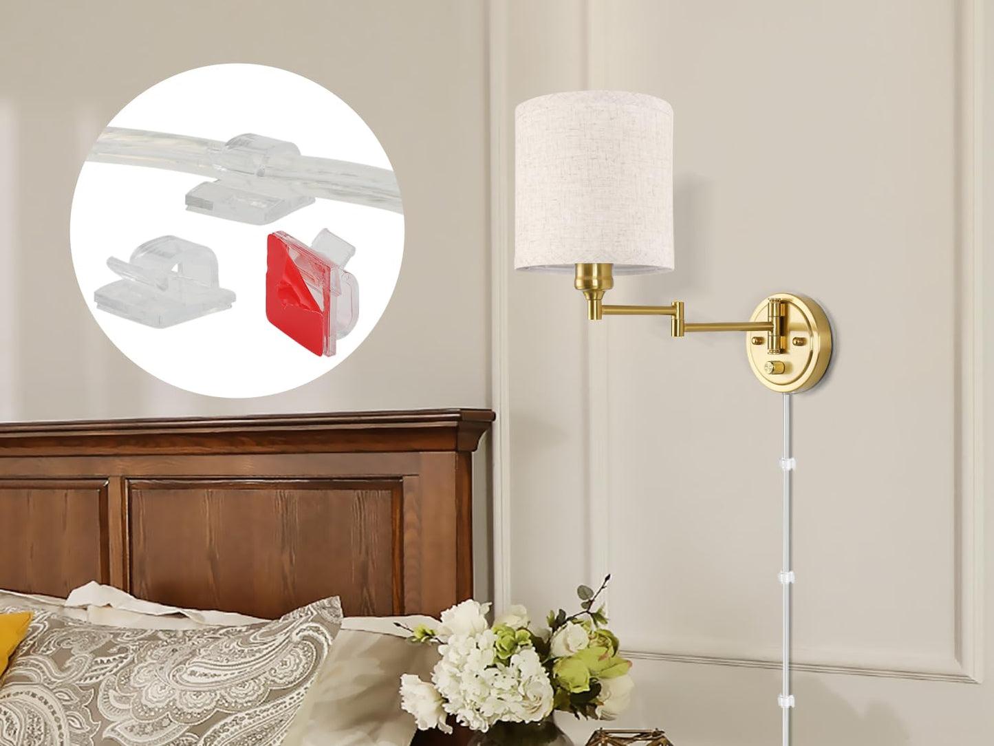 Goodate Plug In Wall Sconces With Remote Control  Dimming & Adjustable Colors 2700K-6500K  Hardwire Or Plug-In  Swing Arm Wall Lamp With Linen Fabric Shade  Wall Sconces Set Of Two  Gold Finish