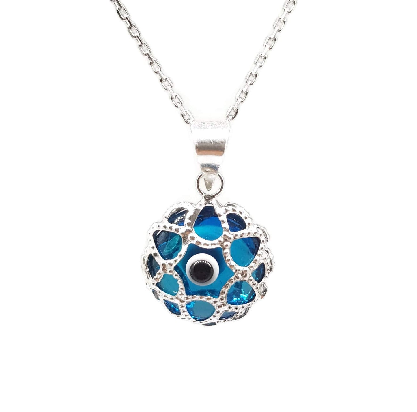 MYSTIC JEWELS by Dalia - 925 Sterling Silver Turkish Glass Evil Eye Filigree Pendant with Adjustable Silver Chain