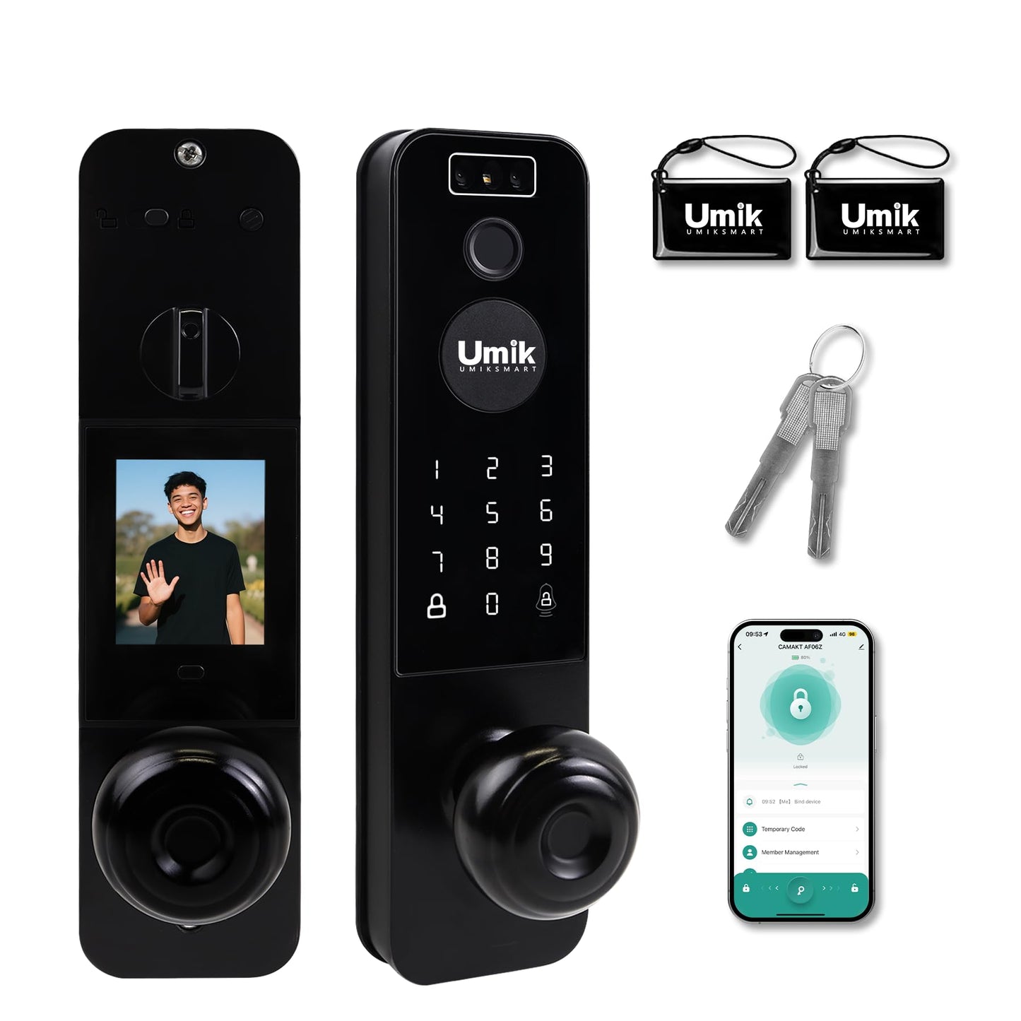 UMIK UMIKSMART 3D Face Recognition Smart Door Lock, Video Smart Lock with Camera&Doorbell, 6-in-1 Keyless Entry Door Lock for Front Door, APP Remote Control (Black)