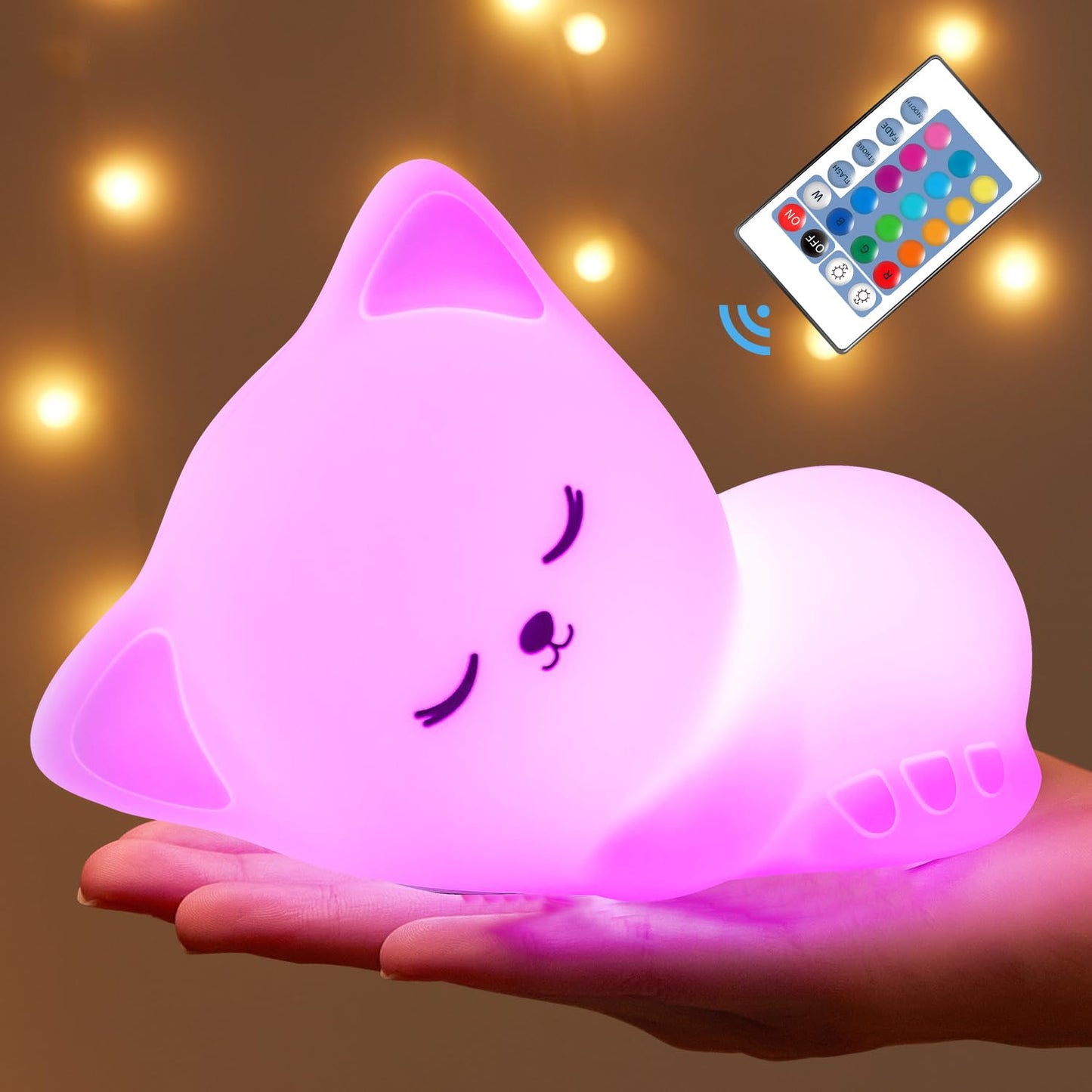 Mubarek Baby Night Light, 16 Colors Dimmable, Silicone, Rechargeable, Cat Remote, Night Light for Kids