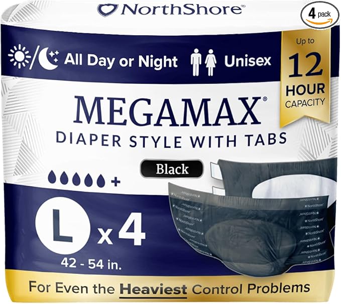NorthShore MegaMax Adult Overnight Diapers, 12-Hour Tab-Style, Large, 4 Count Starter Pack, Black, 42-54 inches, Unisex Incontinence Underwear