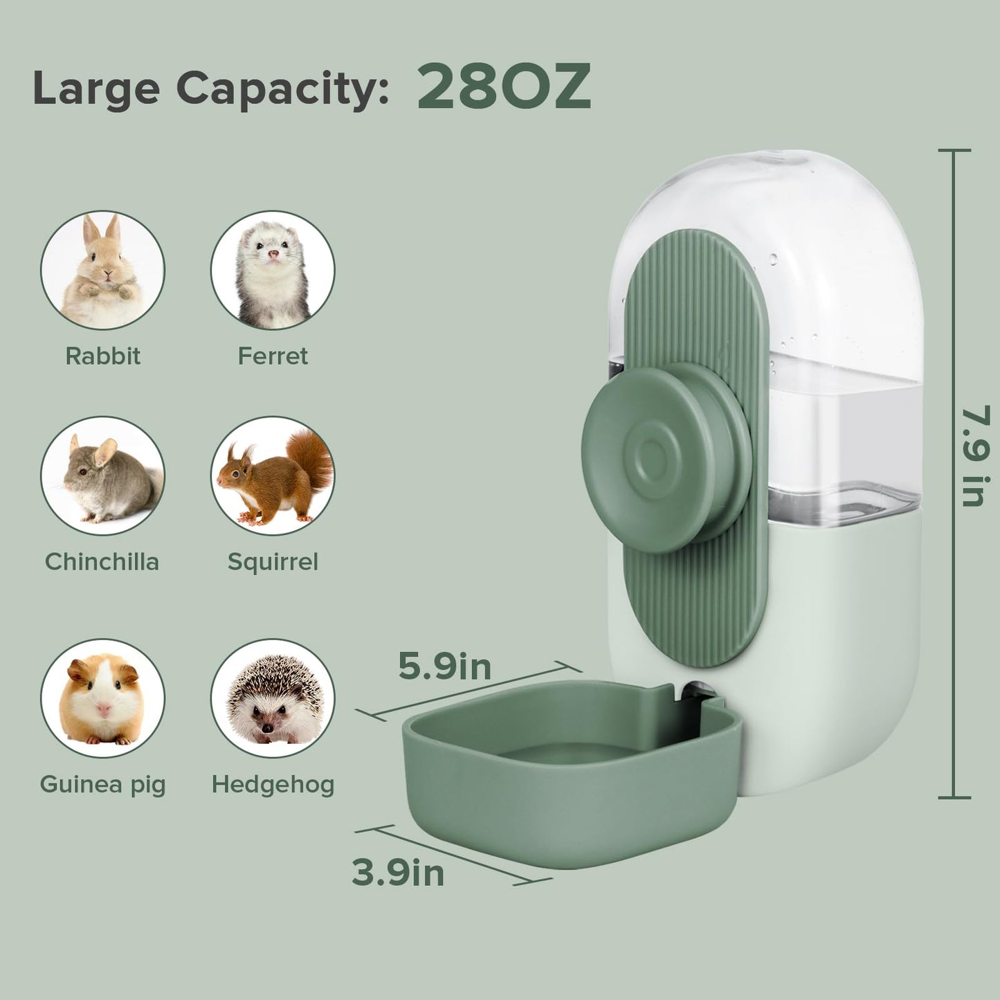 Kenond 28oz Hanging Automatic Rabbit Water Bottle, Guinea Pig Water Bottle No Drip, Gravity Water Dispenser for Cage, Suitable for Guinea Pig, Bunny, Hamsters and Other Small Animals(Green)