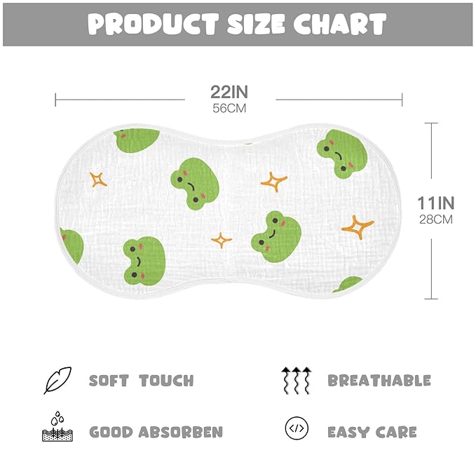 Muslin Baby Burp Cloths Set of 1, Soft Absorbent Cute Frog Muslin Washcloths, Bibs, Face Towel for Newborn Boys Girls, 22 x 11 Inch
