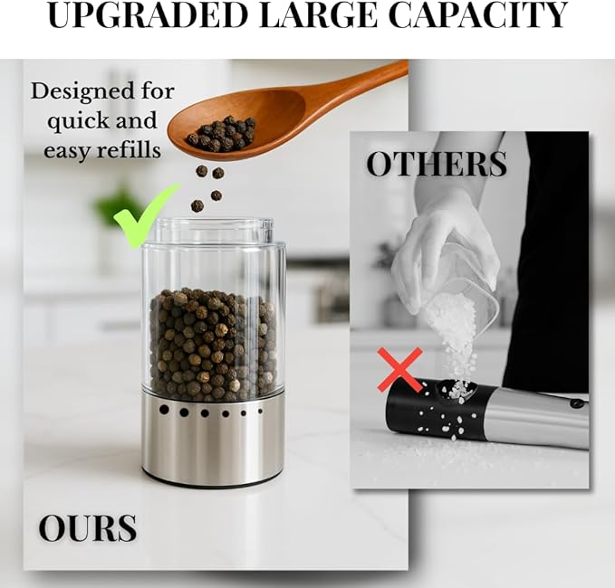 Electric Salt and Pepper Grinder Set - Automatic 3A Battery Pepper Mill Shakers - Upgraded Adjustable Coarseness with Led & Large Capacity - Built-in LED Light - 2 Pack
