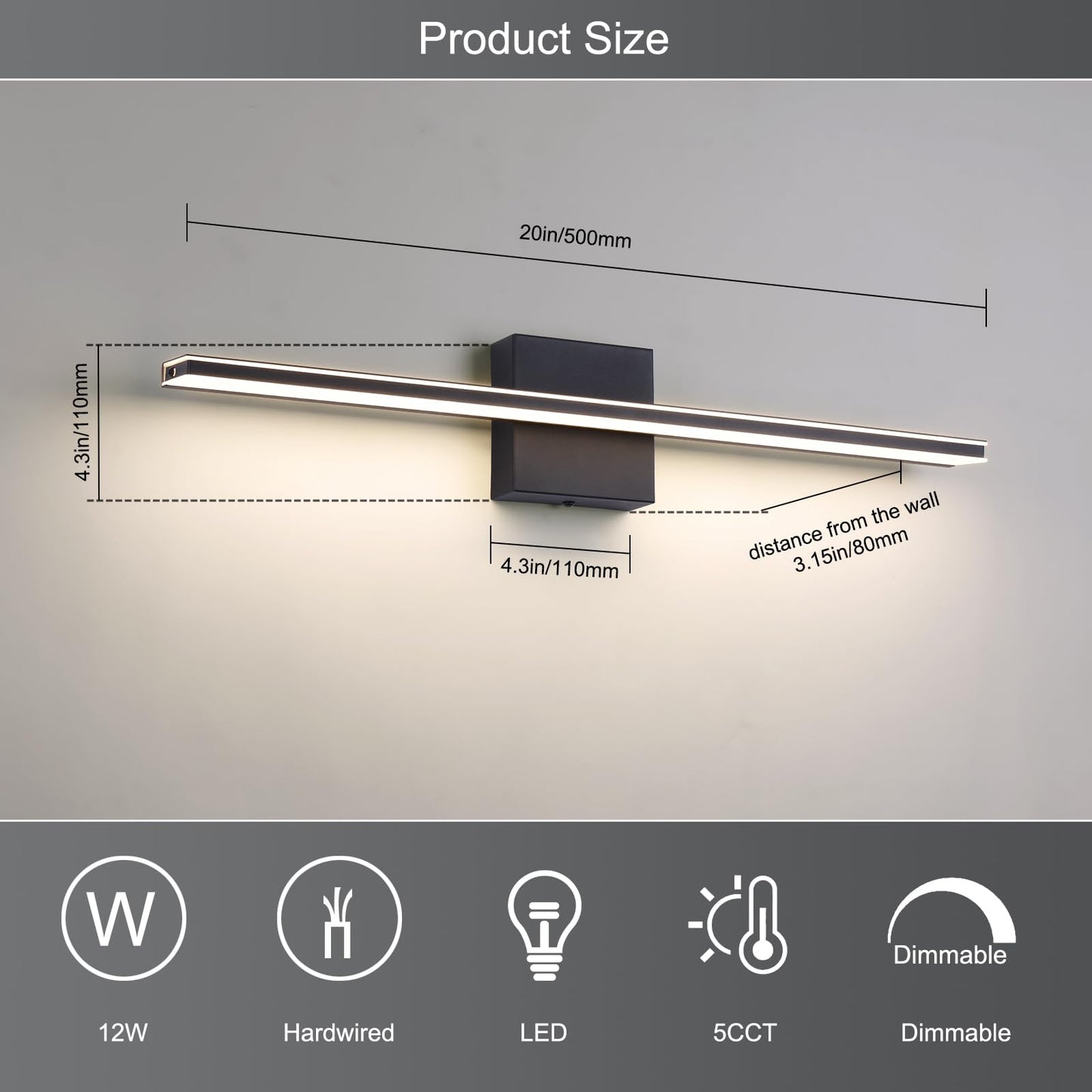 BRIVOLART Vanity Light Fixture for Bathroom, 24in Dimmable, 5CCT, Black, Model 6420, Acrylic Material