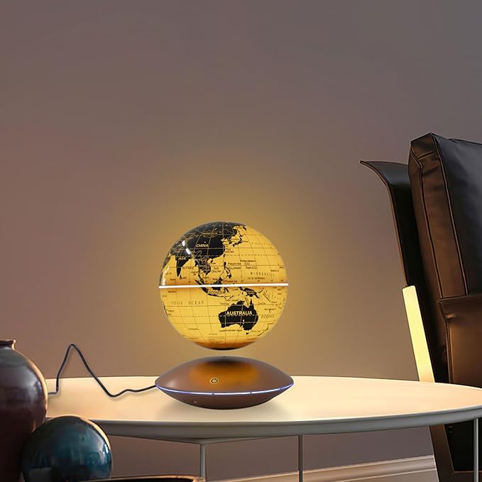 Floating Magnetic Levitation LED Globe, 6 Inch, Gold, Political Map, Metal Base