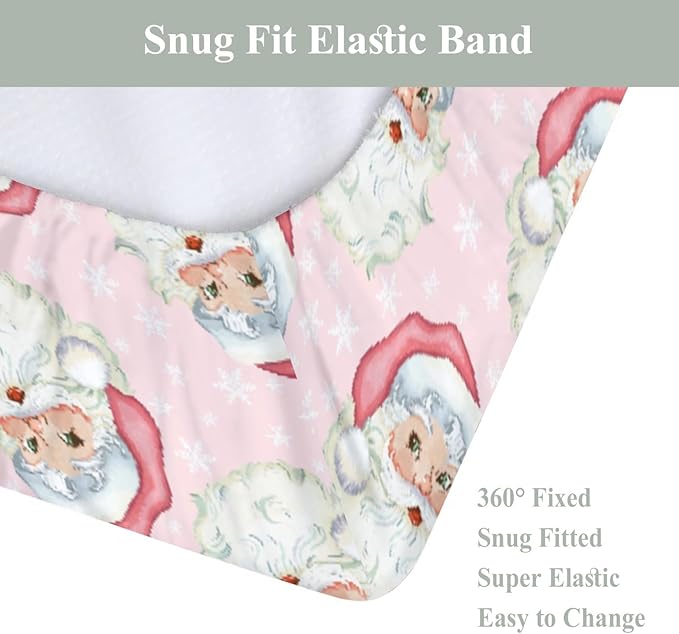 Vintage Christmas Santa Claus Snowflakes Baby Changing Pad Covers for Boys Girls Pink Santa Fitted Changing Table Cover Mats Winter Holiday Festive Soft Diaper Change Table Cover Sheets 32''×16''