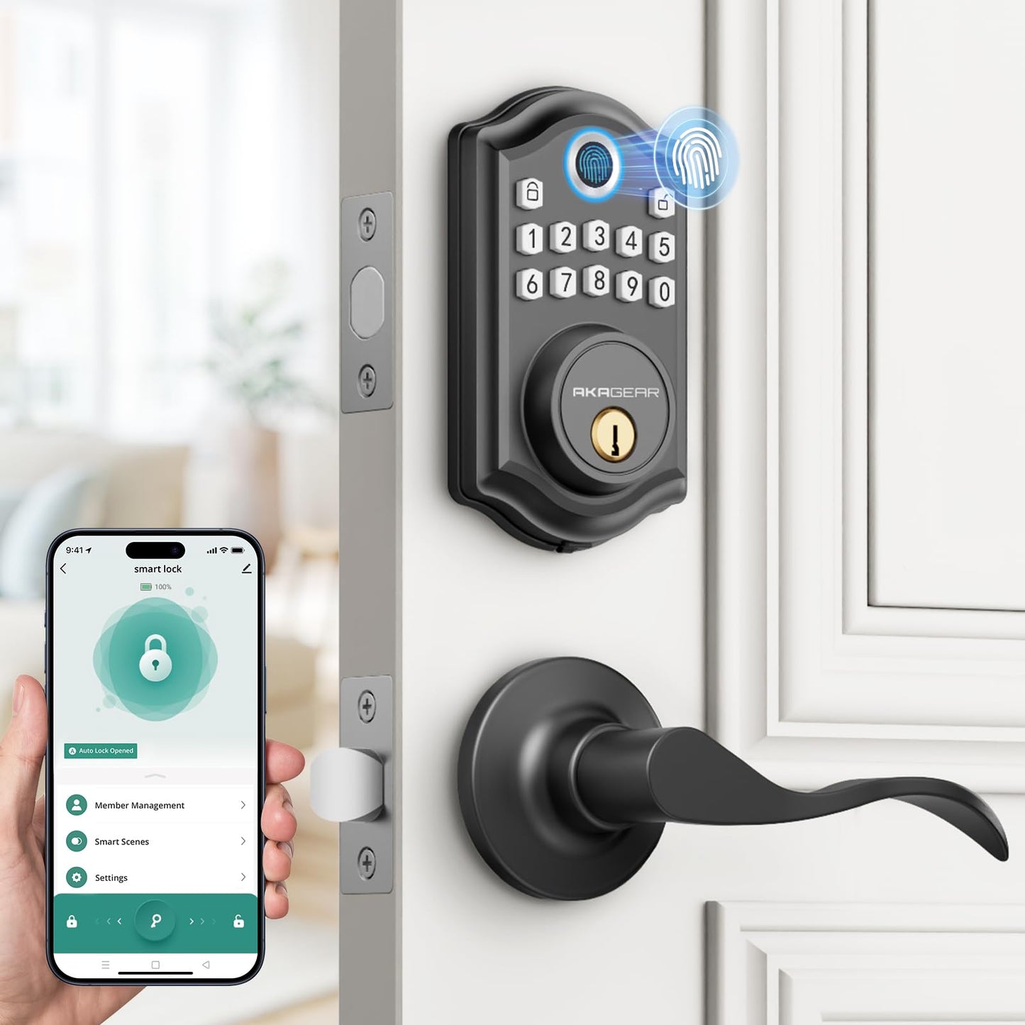 AkaGear DS10 Pro Keyless Entry Door Lock with Handle - 2 Lever Handles, Bluetooth APP Control, Fingerprint Door Locks, Electronic Keypad Deadbolt Lock, Smart Doors Lock, Auto-Lock, Matte Black