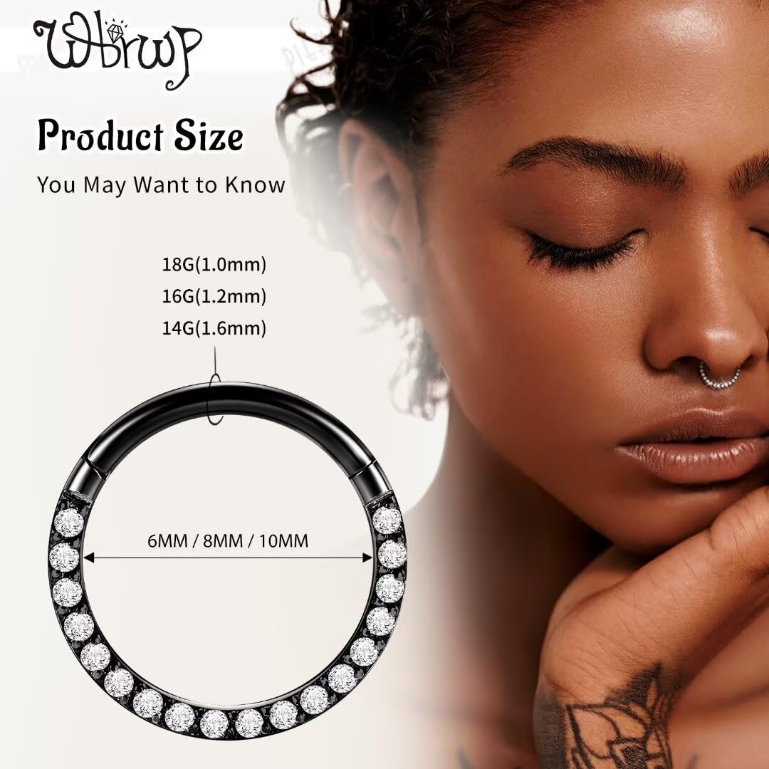 WBRWP 316L Stainless-Steel Hinged Flat Nose Rings Hoop : Unisex Body Pierecing Ring with Zircon 18G(1.0mm) Flat Septum Clicker H