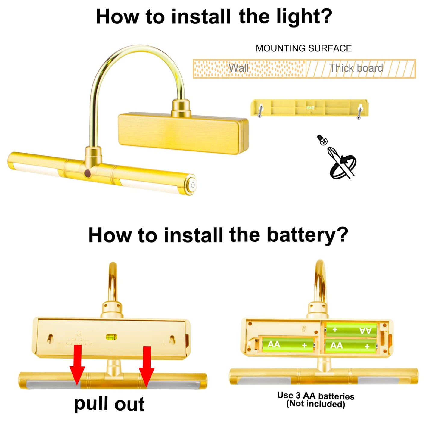 BIGLIGHT Wireless LED Picture Light with Remote, 3 Modes, Dimmable, 8.8in, Gold