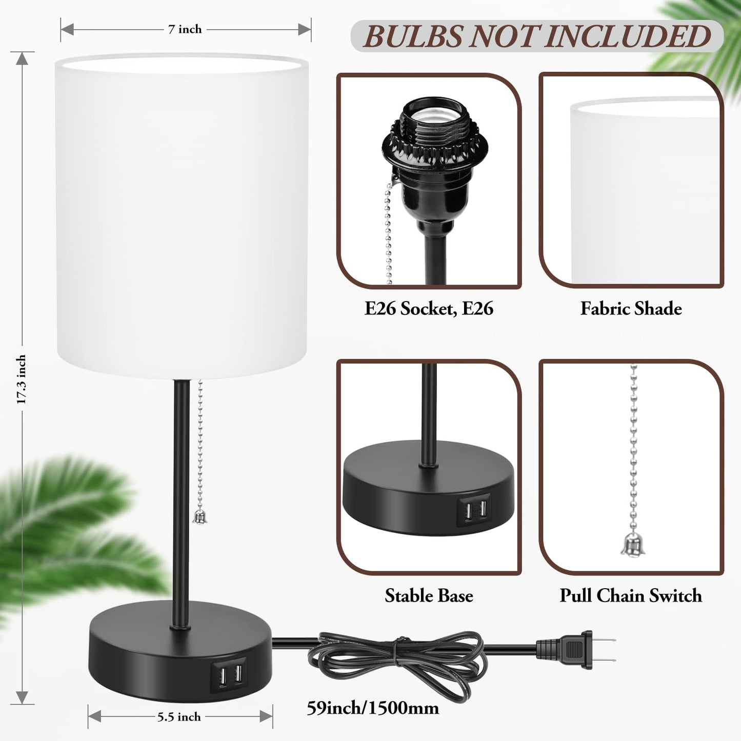 Bosceos Table Lamps Set of 2 with USB Charging Ports, White, AC Outlet, Pull Chain Switch, Model HRP-TSH06C