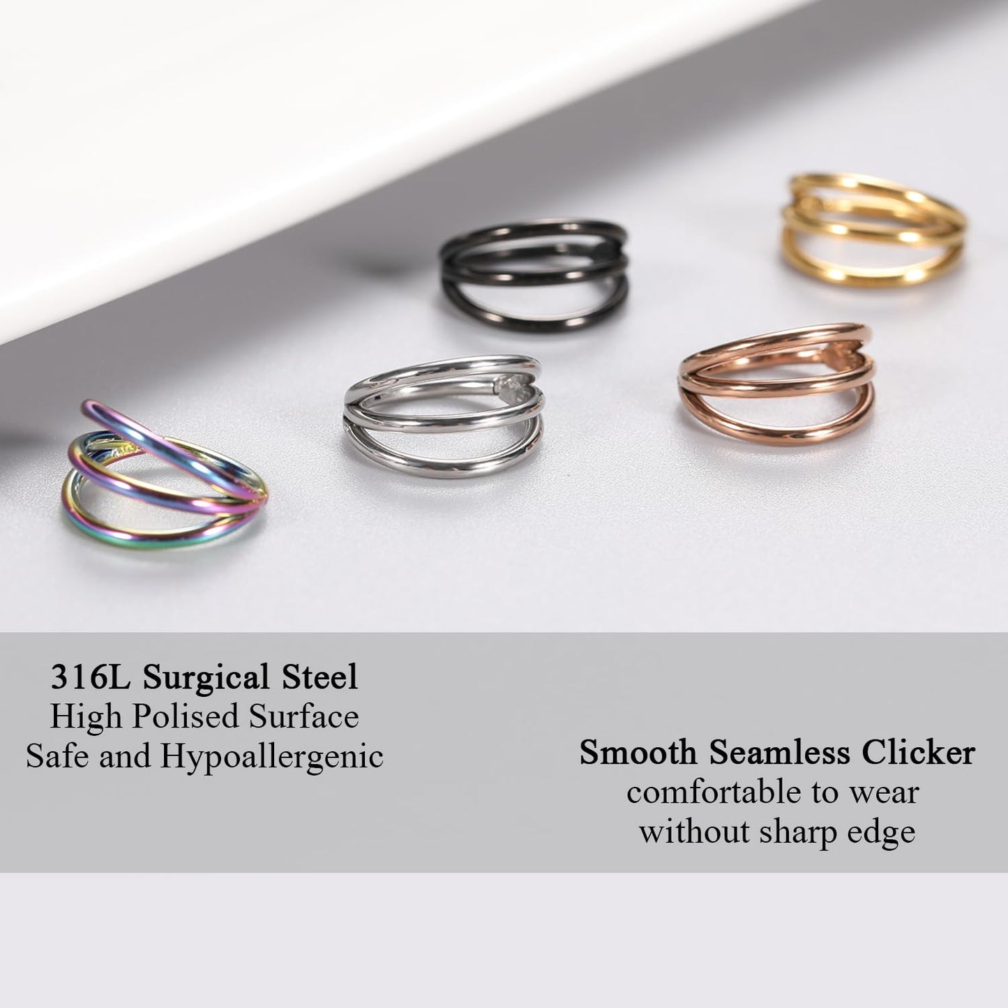 FUNLMO Triple Hoop Nose Ring 18G Septum Tragus Helix Conch Rook Daith Piercing Jewelry Cartilage Earring 316L Surgical Steel Lip
