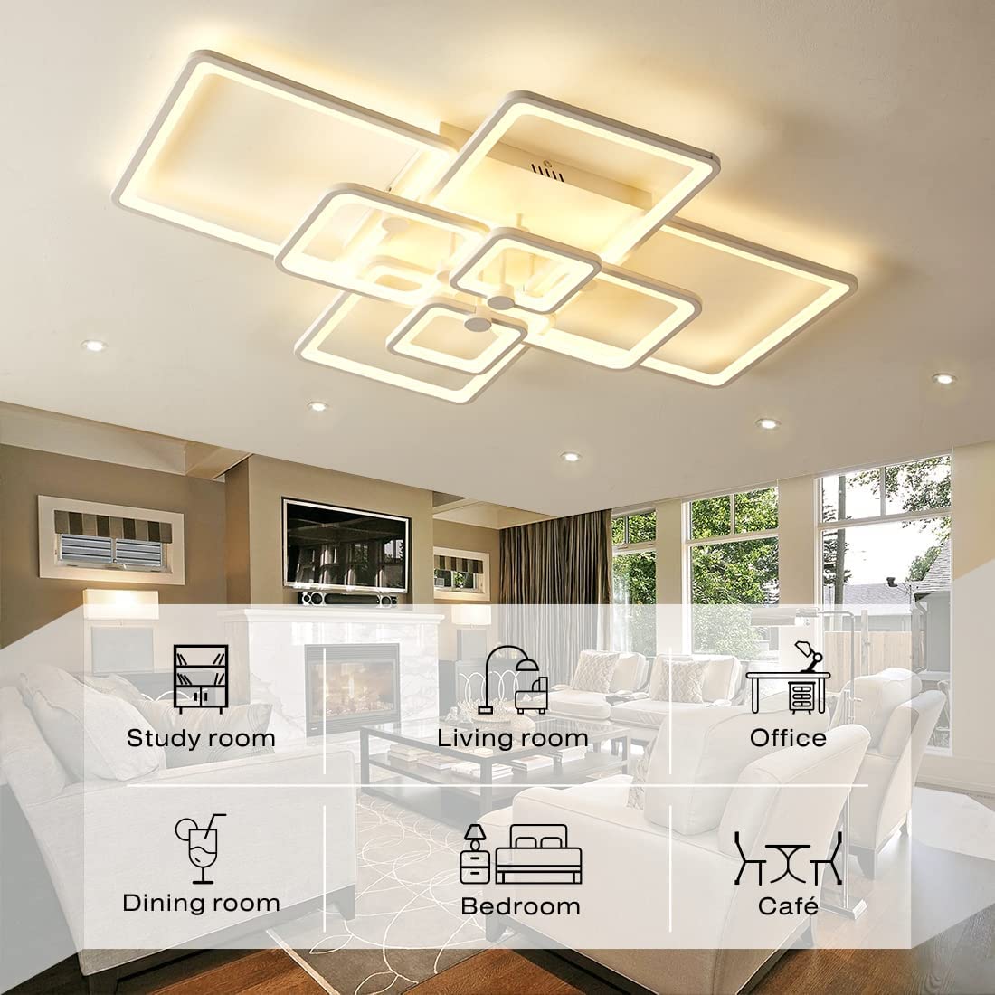 HiHiHomy Modern LED Ceiling Light, Dimmable Flush Mount Fixture, 6 Lights, White, Model FK-001-up-6KW