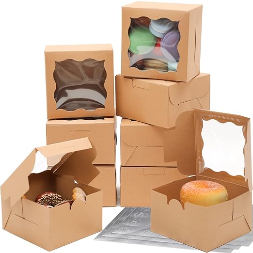 Bakepacker Kraft Bakery Boxes with Window - 4x4x2.5 inches Small Size Pastry & Mini Cookie Boxes for Bakeries - Thick & Sturdy (100 Packs)