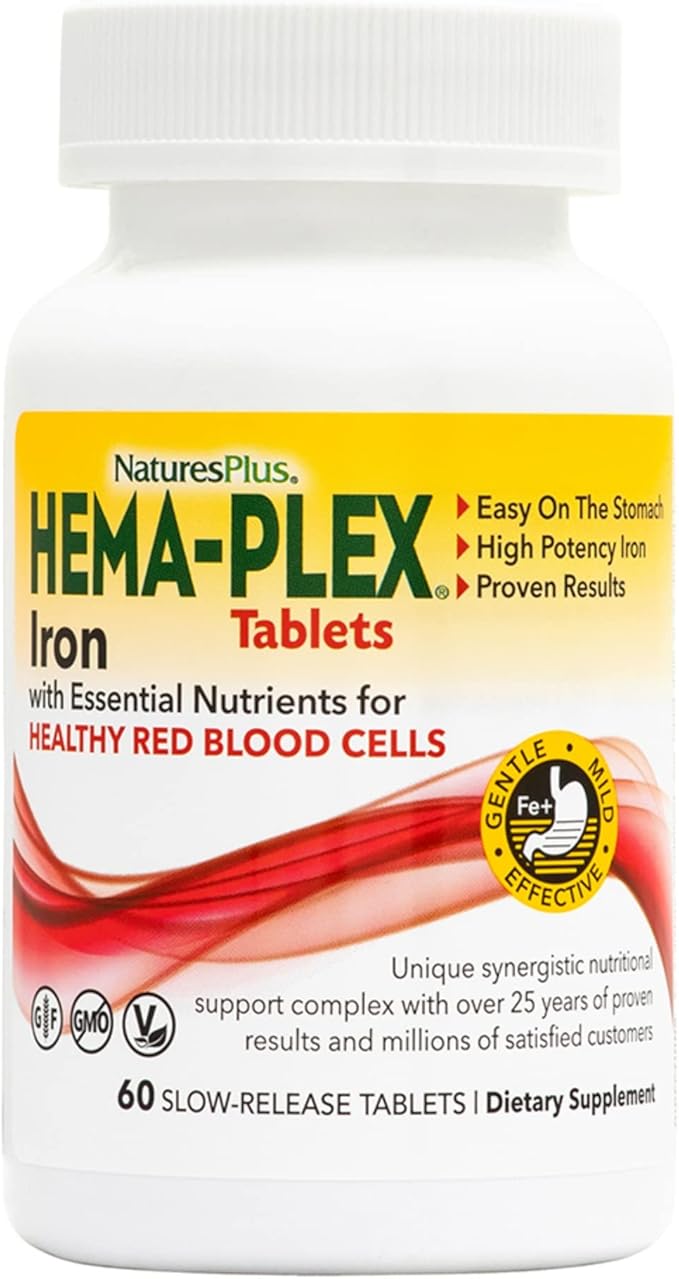 NaturesPlus Hema-Plex Iron - 60 Tablets - 85 mg Elemental Iron + Vitamin C & Bioflavonoids for Healthy Red Blood Cells - Vegan, Gluten Free - 30 Servings