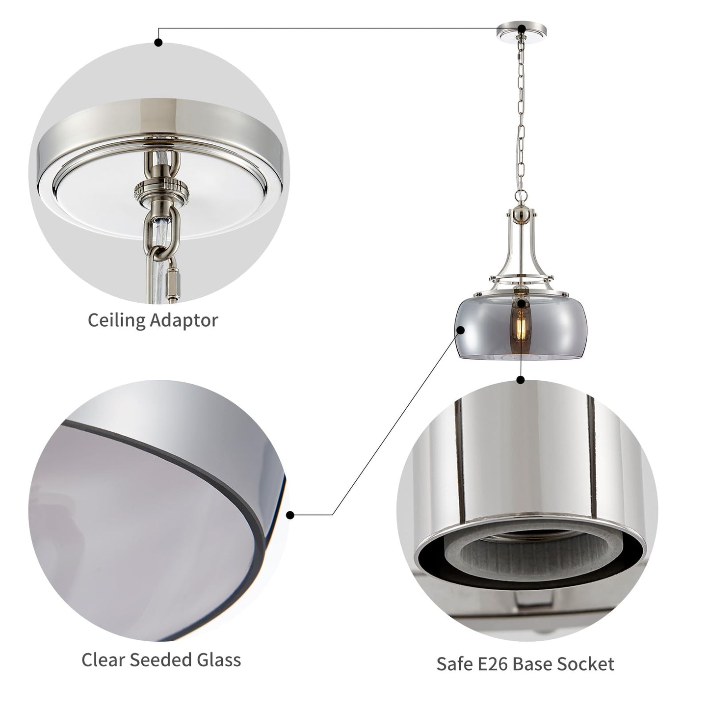 WUZUPS Nickel Chandelier Pendant Light, Electroplated Gray Glass Shade, H 17in W 13.4in, Model USHD9607GR, for Dining Room or Kitchen Island