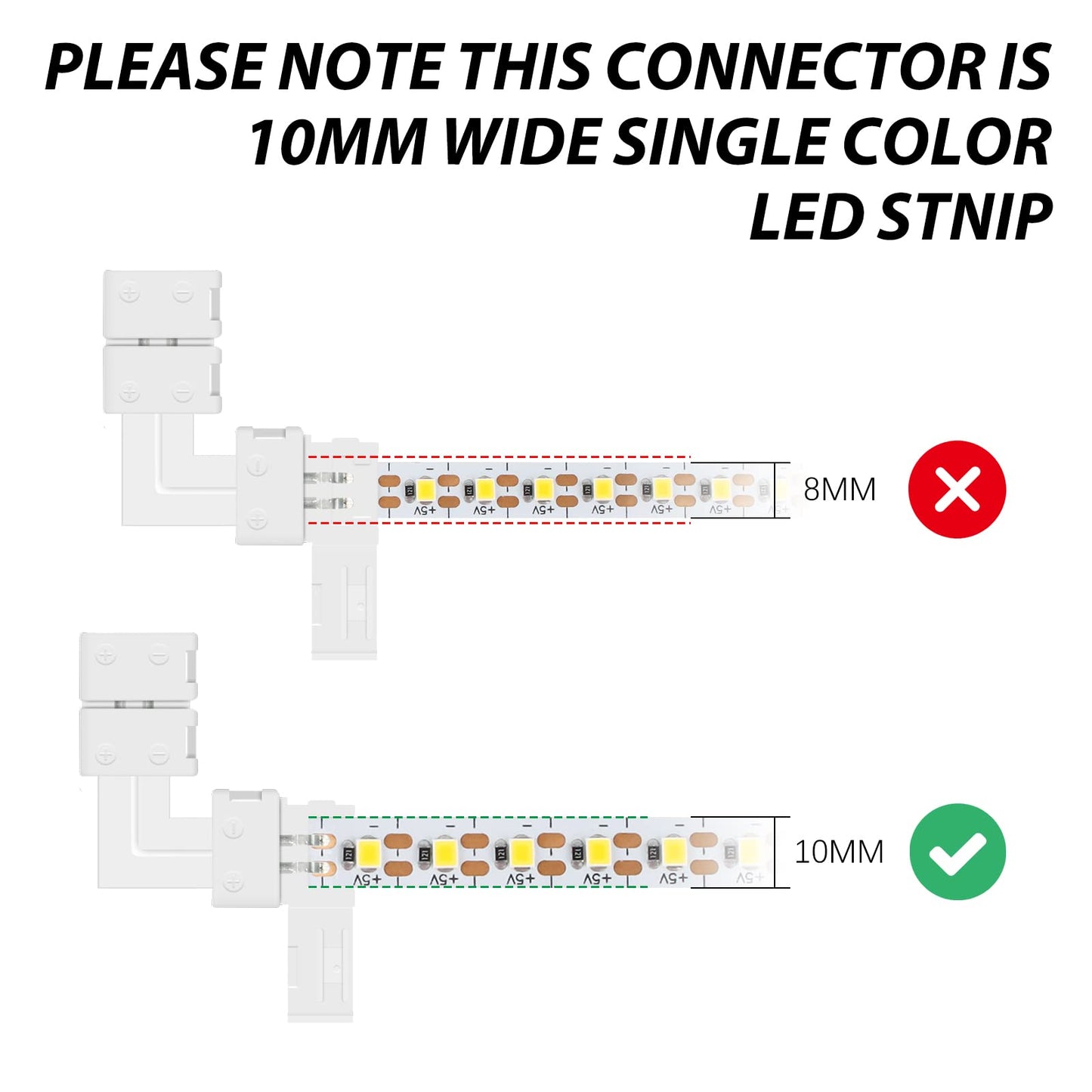 VIPMOON L Shape LED Strip Connectors, 2 Pin 10mm, 10 Pcs Right Angle Solderless Nylon Connectors, White