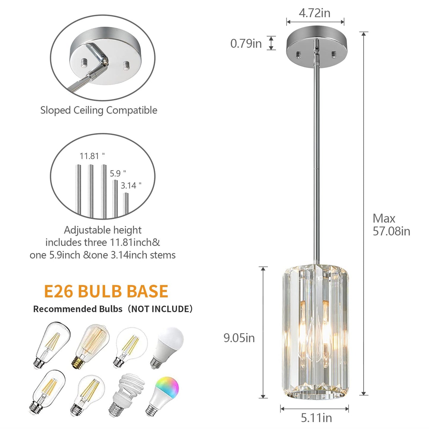 Zhllmq Chrome Pendant Lighting Modern Pendant Light Mini Crystal Chandeliers Adjustable Pendant Light Fixture For Kitchen Island Dinning Room Corridor Bedroom(Chorme 1-Light)