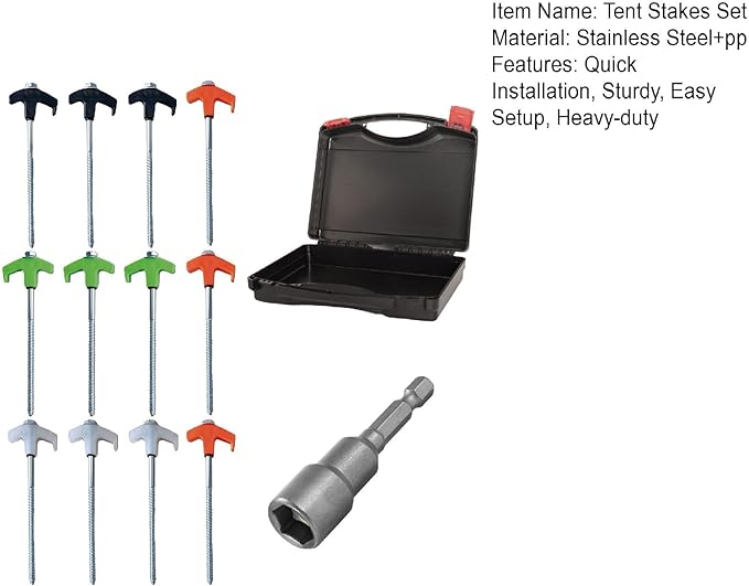 8" Screw in Tent Stakes - Ground Anchors Screw in, Screw in Tent Stakes Heavy Duty, Tent Pegs Camping Stakes, Metal Threaded Tent Spikes, Screw Tent Stakes with Hex Sleeves (12Pcs+Box Green)