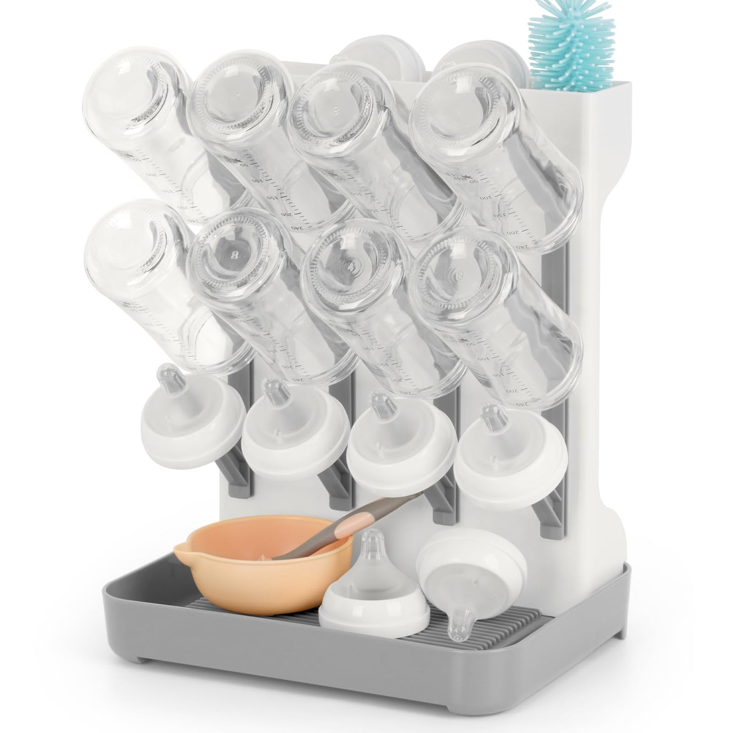 Flysich Baby Bottle Drying Rack, Space Saving Baby Bottle Organizer for Countertop, Vertical Bottle Dryer Holder with Brushes Holder, Large Bottle Storage Holder 12 Bottles & Baby Accessories Grey