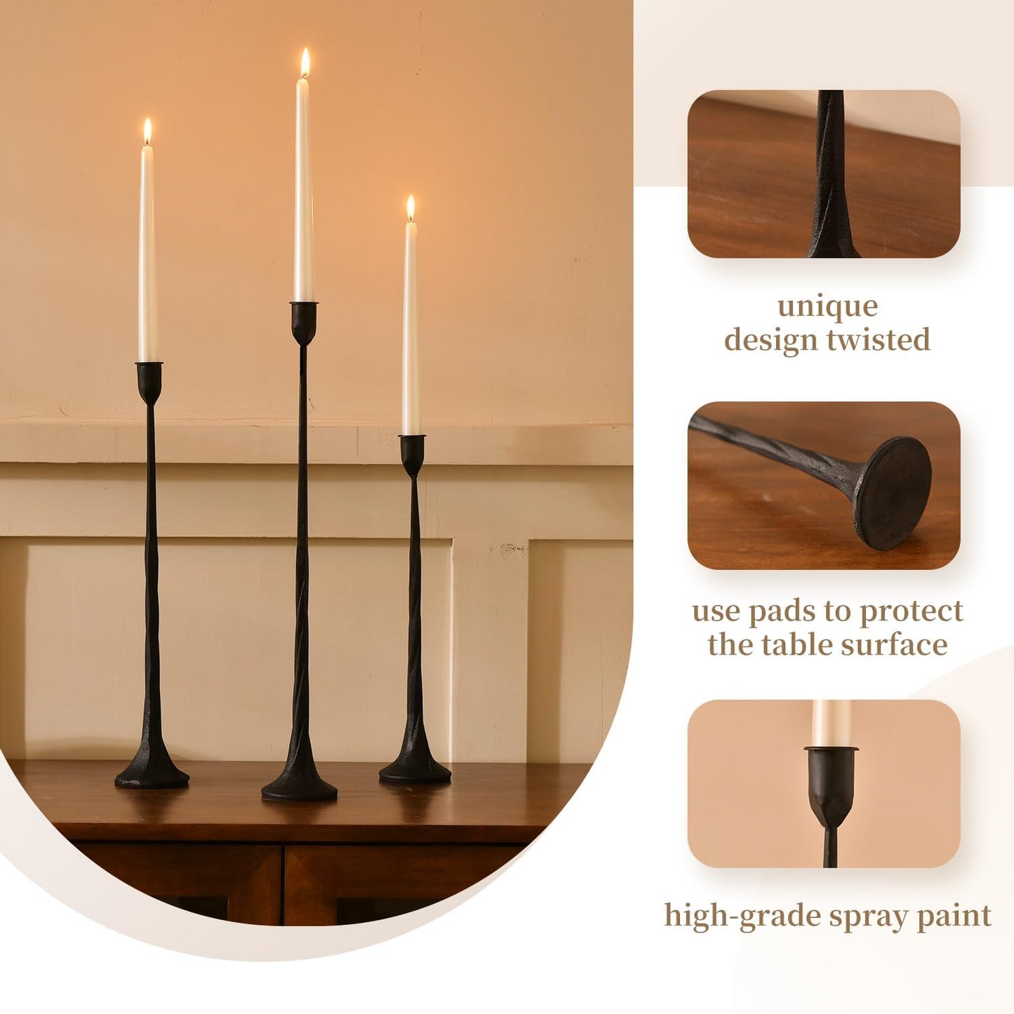 Set of 3 Candle Stick Holders, Iron Black Candlestick Holders, Fits 3/4 inch Fits 3/4 inch Thick Candles, Tapered Candle Holders Tall Set for Dining Table, Wedding, Home Decoration