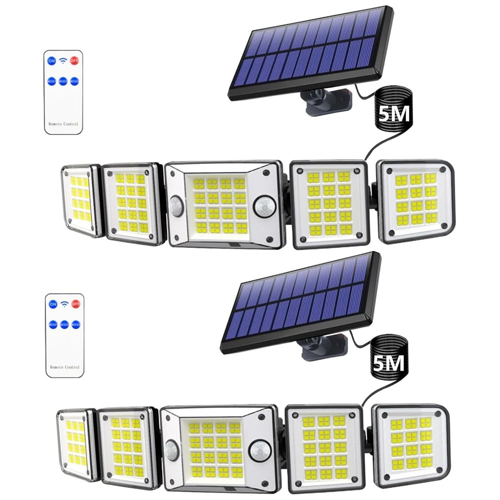 Bowite Solar Lights Outdoor Motion Sensor, 3000LM, 280 LEDs, 5 Heads, IP65 Waterproof, Split-type 2 Pack, Black, Model 25-SFL-02-