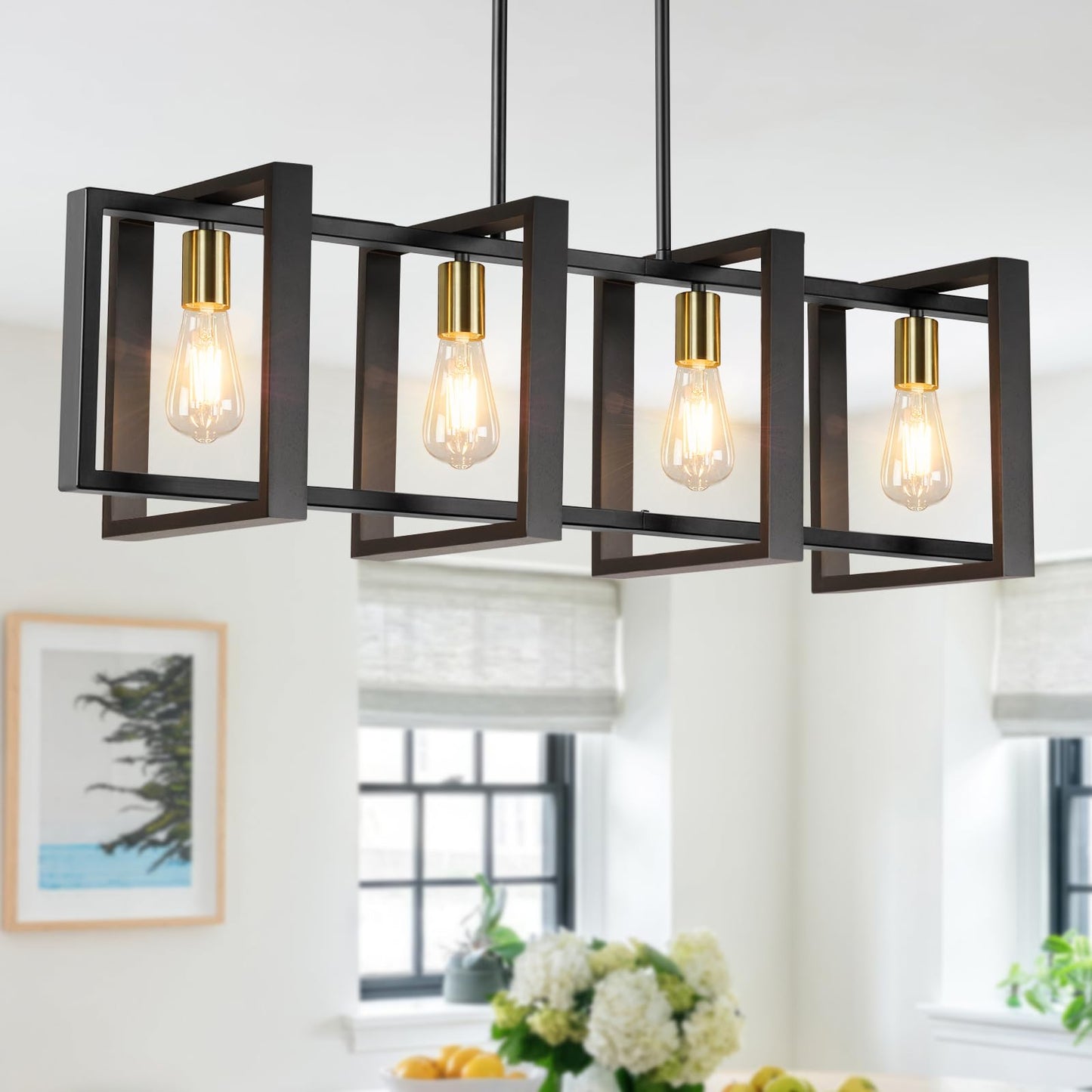Brightever 4-Light Wood Chandelier, Modern Black Gold Pendant Light Fixture, 53? for Dining Room, E26 Sockets