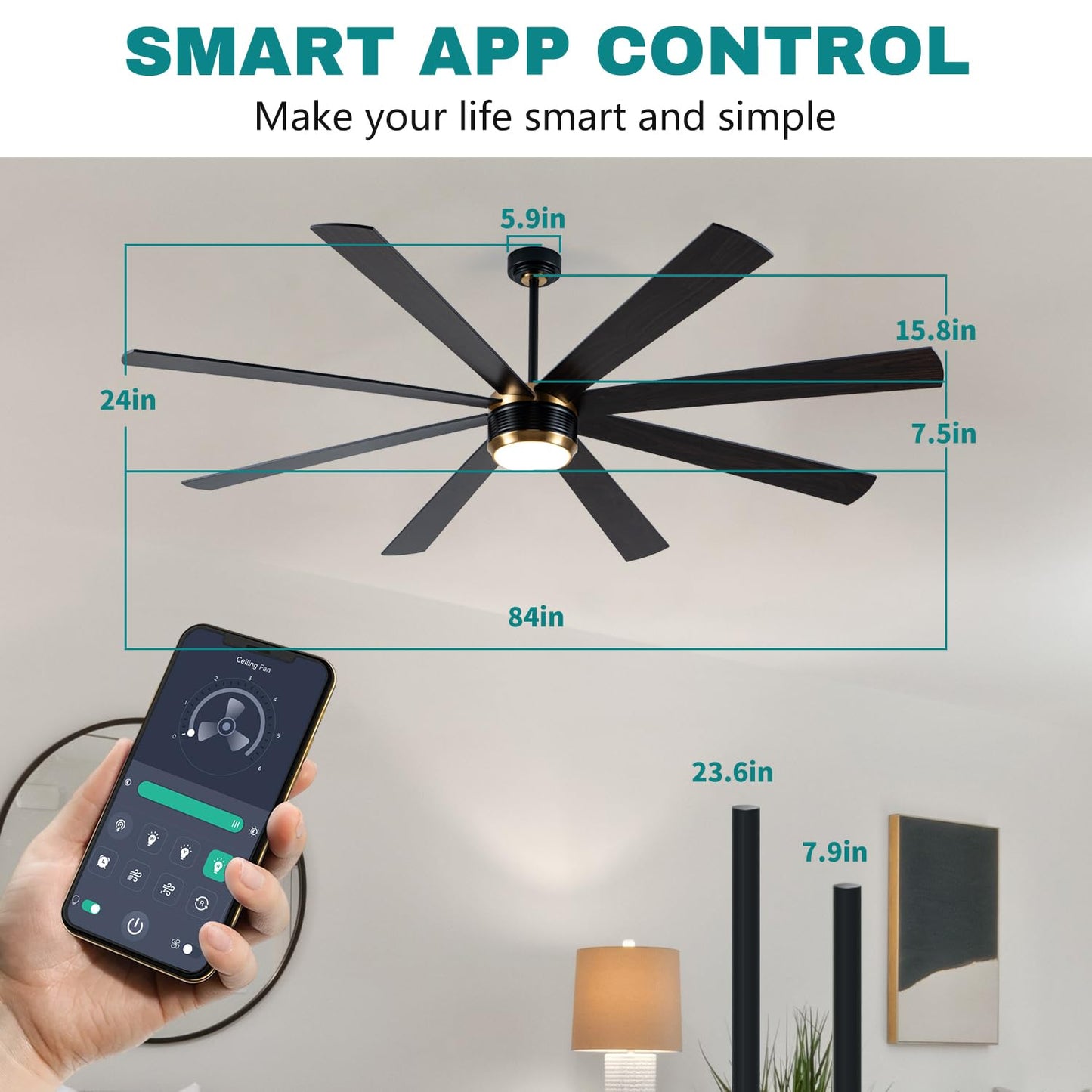 SHOWDI 8 cutting edge Ceiling Fan with Lights, Remote Control, Reversible Brightness, 84 Inch, Black-Gold