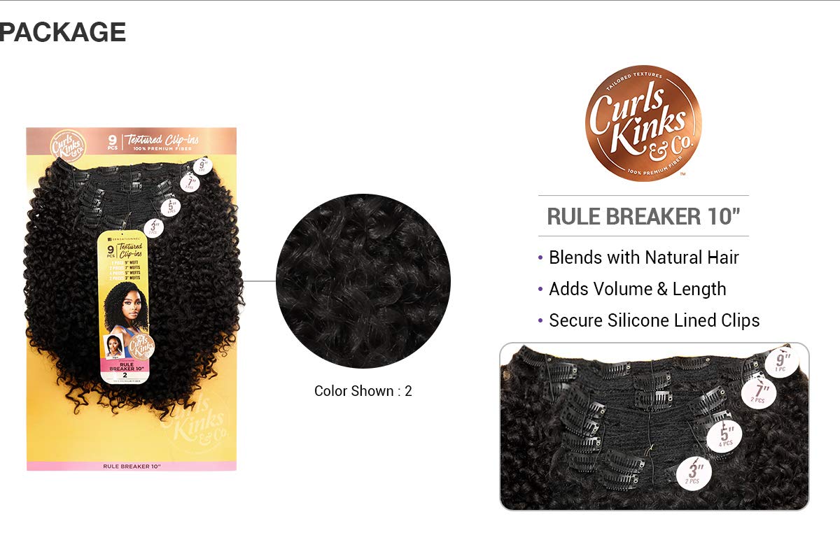Sensationnel Curls Kinksandco Clip In - Rule Breaker 10 Inch 9 Piece Pack Easy to Use Clips for Natural 3C to 4C Hair (1B OFFBLA