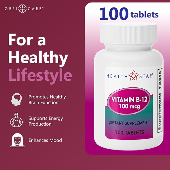 GeriCare Vitamin B-12 100mcg Tablets – Promotes Energy, Cognitive Function & Nervous System Support – Trusted Supplement for Daily Wellness – 100 Count