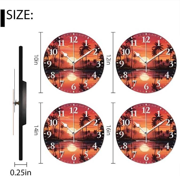 Sunset Wall Clock Non-Ticking Silent Clocks Battery Operated Analog Decor Clock for Home-Sunset with Palm Trees and Reflections On The Water(10inch)