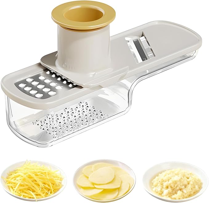 Mini Garlic Slicer,Functional Mandoline Slicers,Veggie Shredder,3 in 1 Ginger Garlic Grater with Hand Guard, Grinder Vegetable Mandoline Cutter with Container (White)