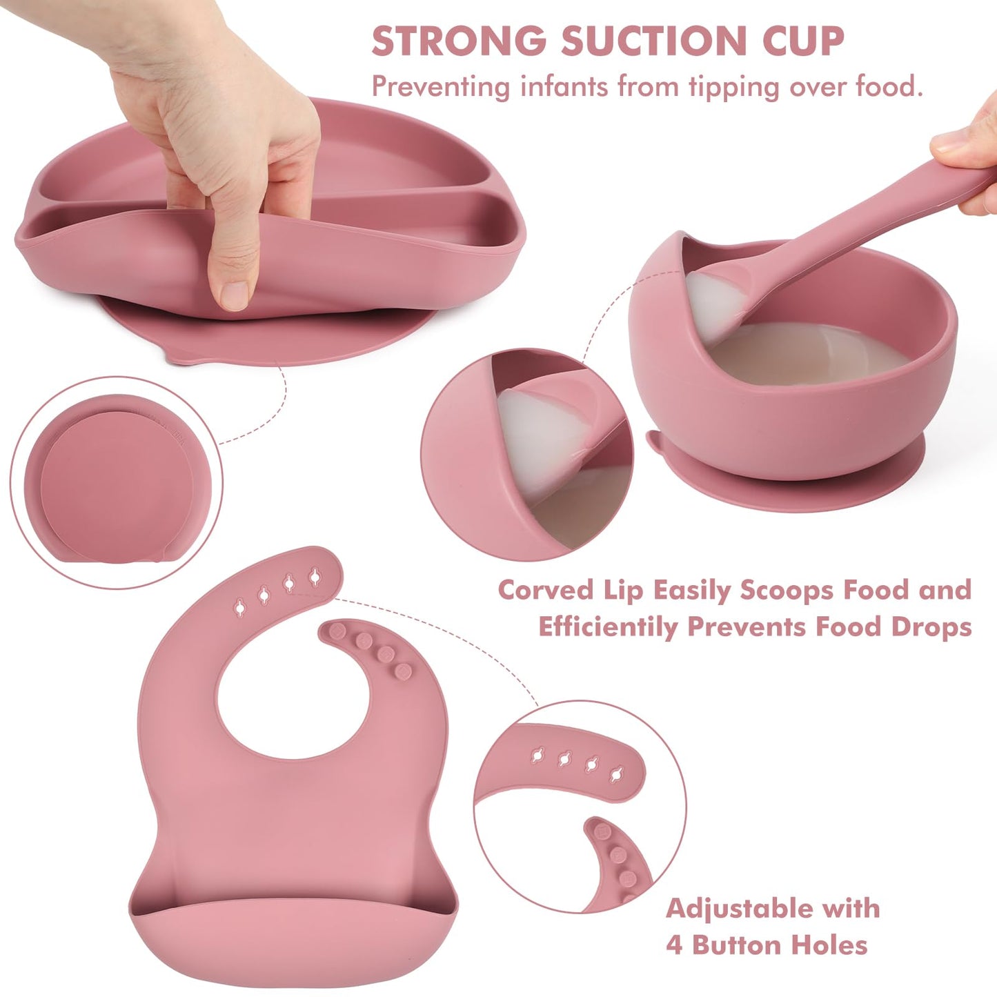 Silicone Baby Feeding Set 15 Pcs，Baby Spoons Suction Bowl Divided Plate Bib Cup Finger Brush ，Baby Led Weaning Supplies,Baby & Toddler Silicone Plates and Bowls Dining Set（pink）