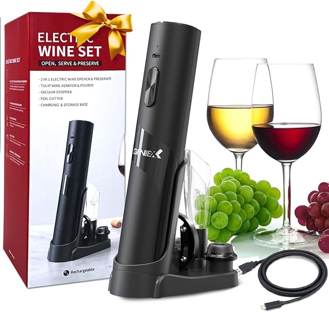 Electric Wine Opener with Charging Base | Electric Corkscrew Wine Bottle Opener at BOTTOM END + Auto Wine Saver Pump at TOP - Cool Wine Gifts and House Warming Gift