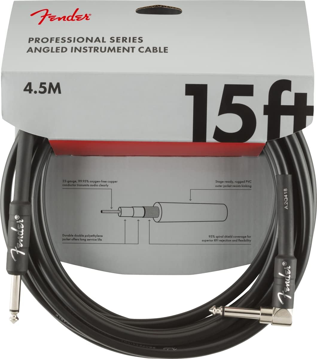 Fender Professional Series Instrument Cable, Guitar Cable, Guitar Accessories, Straight/Angle, Black, 15Ft