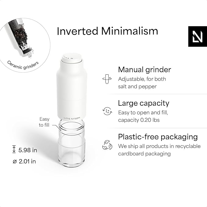 LARS NYSØM Salt and Pepper Grinder Set, Stainless Steel Manual Salt and Pepper Mills, Adjustable Ceramic Grinder, Design Spice Shakers (Pure White)