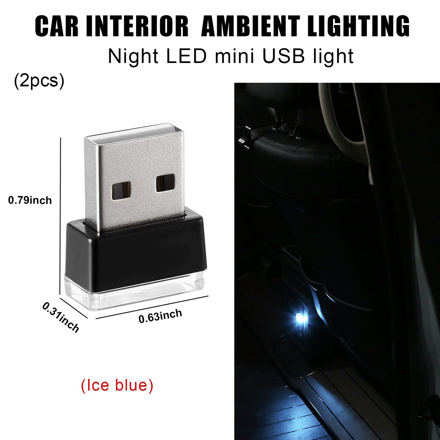 Sylvil 2 Pcs Usb Led Car Interior Atmosphere Lamp  Portable Mini Led Night Light  Plug-In Usb Interface Trunk Ambient Lighting Kit  Universal Interior Car Accessories (Ice Blue)