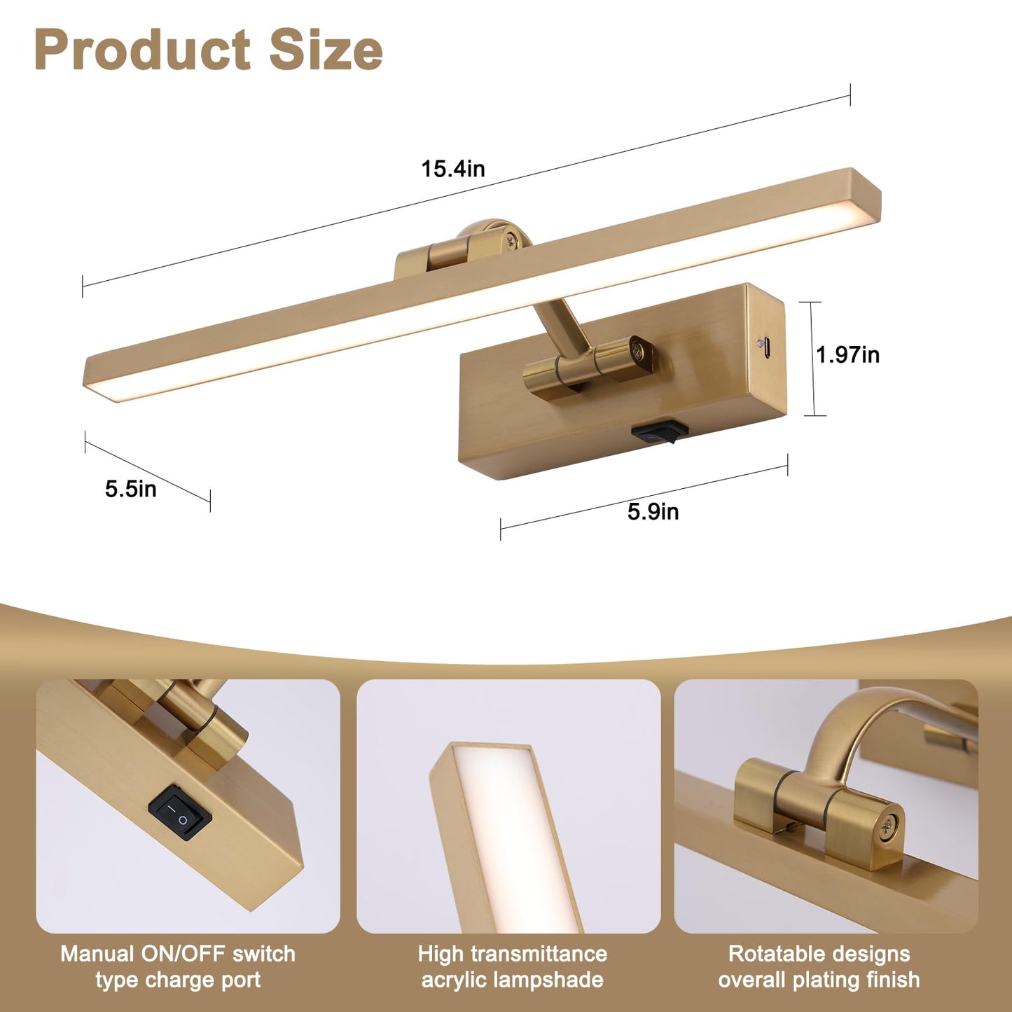 Wireless Picture Lights With Remote And Timer Brass Gallery Lighting Rechargeable Wireless Art Lights 3Cct Dimmable discomfort-reducingting Lights Battery Operated Wall Lights For Portrait Artwork Display 3W 16