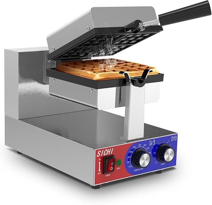 Commercial Waffle Maker -Belgian Waffle Maker w/Non-stick Baking Pan and 550℉ Heating, 1200W Rotating Waffle Iron for 1.2" Thick, Stainless Steel Square Waffle Machine for Hotel Restaurant