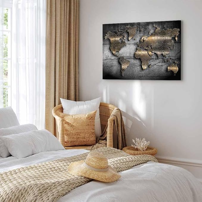 artgeist Canvas Wall Art Print World map 35x24 in - 1pcs Home Decor Framed Stretched Picture Photo Painting Artwork Image Prints map Continents Modern Art Black Gold Abstract k-A-0498-b-a