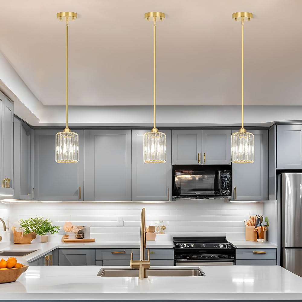 Lxybcce Gold Kitchen Pendant Lights Over Island With Adjustable Rods - Crystal Pendant Lighting Fixtures 3 Pack  Ideal Over Dining Table Or Bar  E26 Bulb Compatible  No Electrician Needed