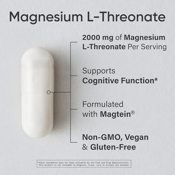 Sports Research Magtein Magnesium L-Threonate Capsules - Magnesium Supplement for Memory, Focus & Cognition - Magnesium L Threonate Supports Brain Health, Sleep & Mood- 2000mg, 180 Capsules for Adults