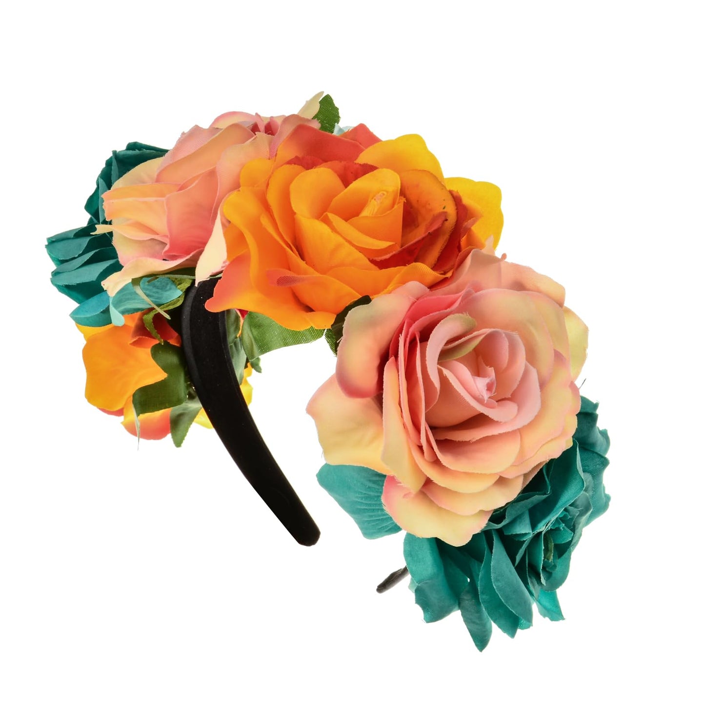 June Bloomy Mexican Flower Headband Halloween Cinco De Mayo Party Costume Day of The Dead Headpiece(Peach Orange Blue)